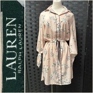Lauren Ralph Lauren Sz 8 Peach Floral Print Button Front Shirt Dress Tie Waist